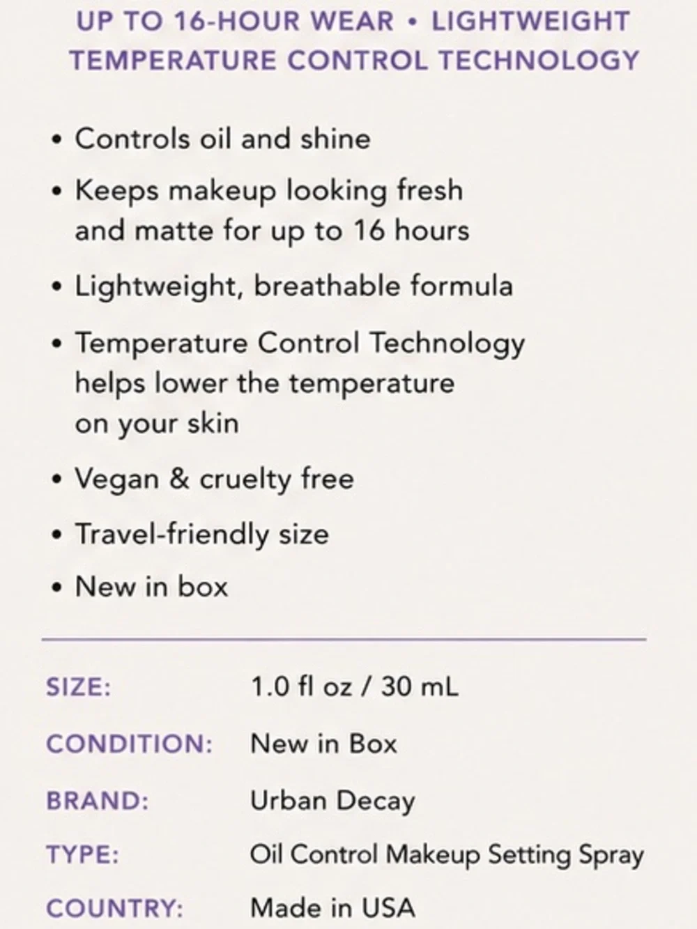 Urban Decay De-Slick Oil Control Makeup Setting Spray NIB